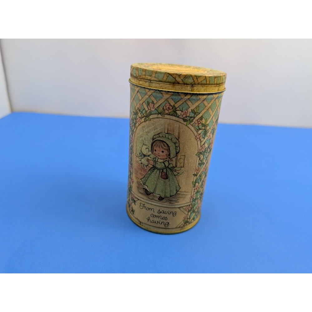 Vintage Hallmark "A Penny Saved" Tin Bank Little Girl And Puppy 5.25” Tall